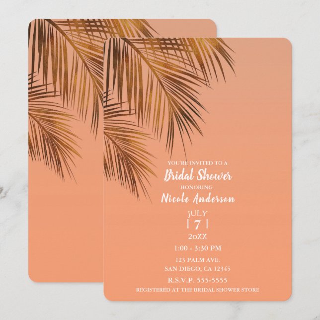 Bahama Breeze Bronze Palm Coral Bridal Shower Invitation (Front/Back)