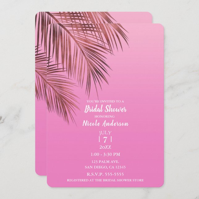 Bahama Breeze Bronze Palm Pink Bridal Shower Invitation (Front/Back)