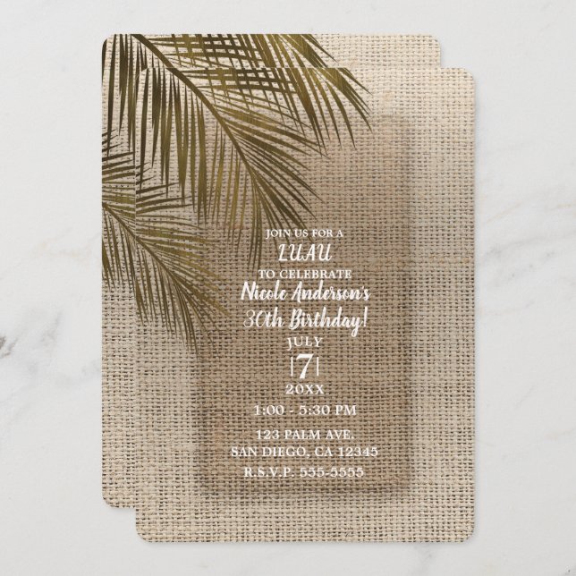 Bahama Breeze Bronze Palm Rustic Burlap Party Invitation (Front/Back)