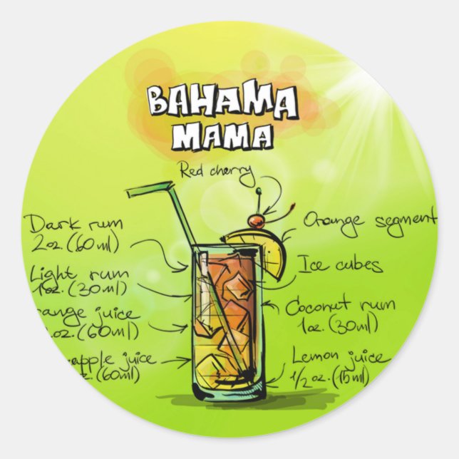 Bahama Mama Cocktail Recipe Classic Round Sticker (Front)