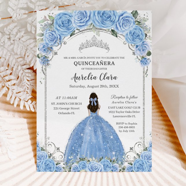 Bahama Sky Blue Floral Dress Silver Quinceañera  Invitation (Creator Uploaded)