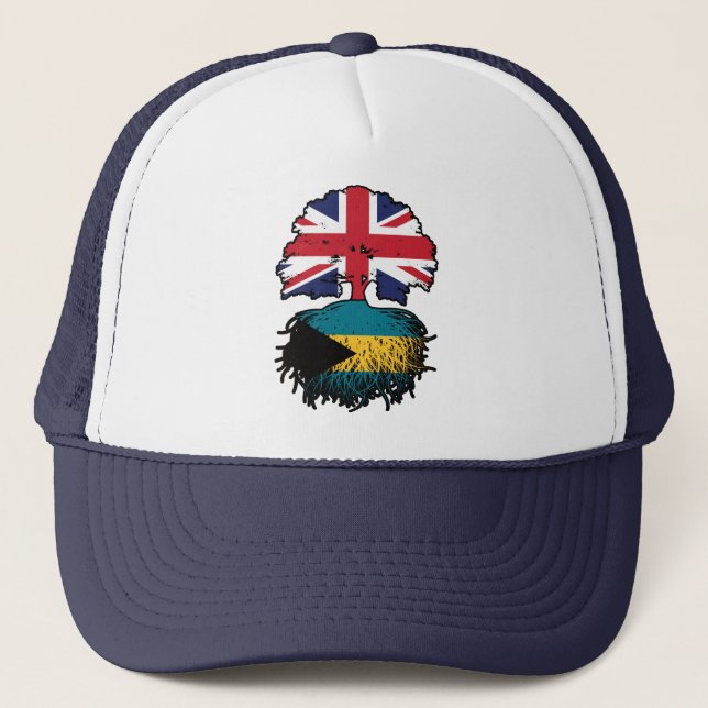 Bahamas Bahamian British UK Tree Roots Flag Trucker Hat (Front)