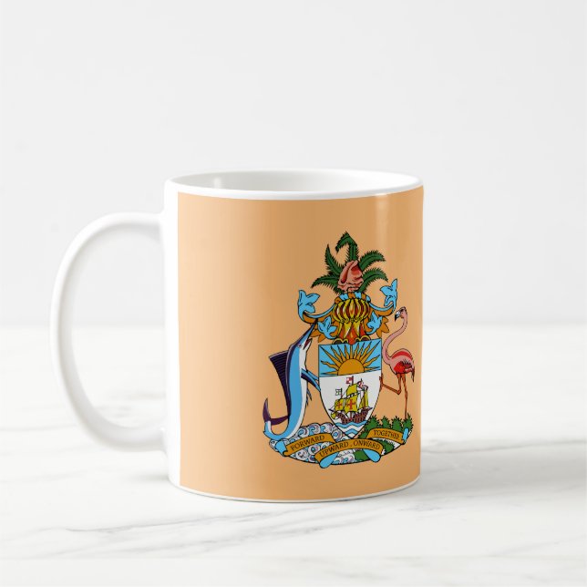 Bahamas Coat of Arms - Marlin, Flamingo, Conch Coffee Mug (Left)
