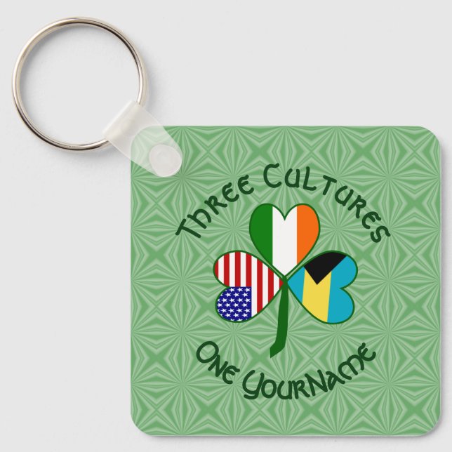 Bahamas Ireland USA Flags Shamrock Your Name Key Ring (Front)