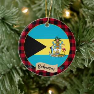 Bahamas, Red buffalo plaid & Bahamas Flag Ceramic Tree Decoration