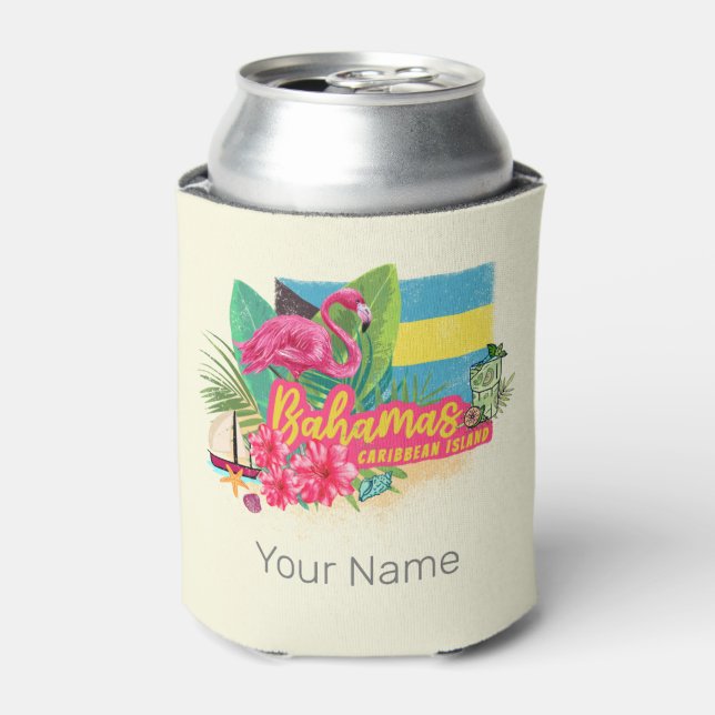 Bahamas retro caribbean island flamingo vintage can cooler (Can Front)