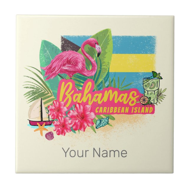 Bahamas retro caribbean island flamingo vintage tile (Front)