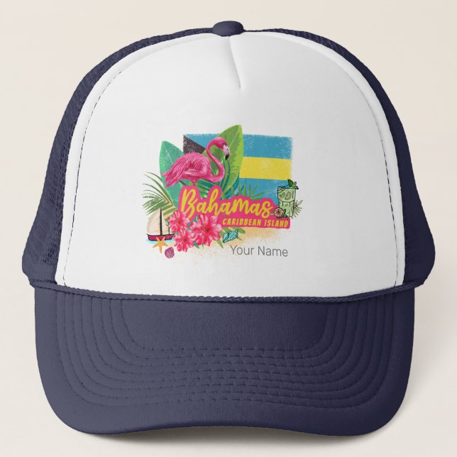 Bahamas retro caribbean island flamingo vintage trucker hat (Front)