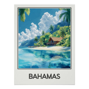 Bahamas vintage poster, hut on tropical beach poster