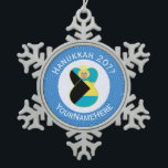 Bahamian Blonde Angel Hanukkah Flag Personalised  Snowflake Pewter Christmas Ornament<br><div class="desc">Blonde haired angel dressed in the flag of the Bahamas flies Inside of a white circle of squiggly squares on this pewter snowflake ornament. The background is blue squiggly squares. The white and blue colours were chosen to represent Hanukkah. Design created for families of multiple religions. Add a name to...</div>