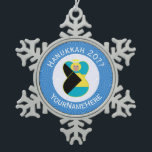 Bahamian Blonde Angel Hanukkah Flag Personalised  Snowflake Pewter Christmas Ornament<br><div class="desc">Blonde haired angel dressed in the flag of the Bahamas flies Inside of a white circle of squiggly squares on this pewter snowflake ornament. The background is blue squiggly squares. The white and blue colours were chosen to represent Hanukkah. Design created for families of multiple religions. Add a name to...</div>