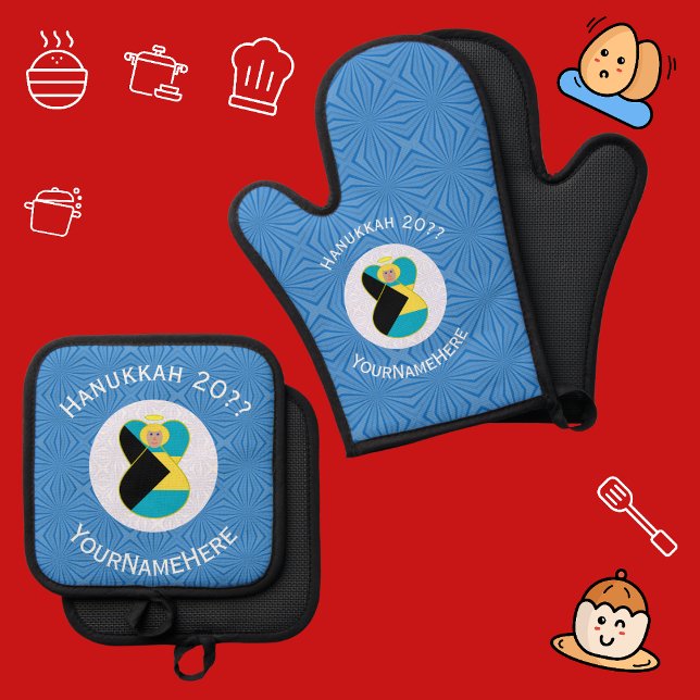 Bahamian Flag Angel Hanukkah Blonde Oven Mitt & Pot Holder Set (Hanukkah oven mitts have blue background angel wears Bahamas flag. White text for name, year,holiday)
