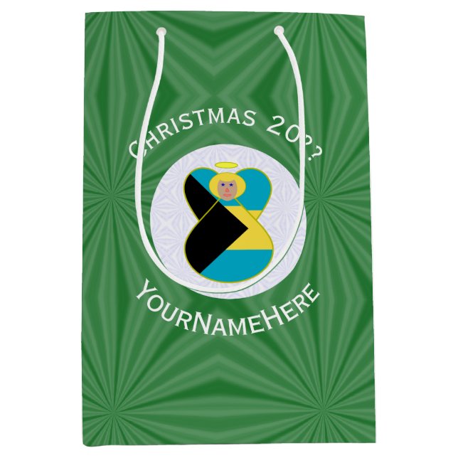 Bahamian Flag Christmas Blonde Angel Personalised Medium Gift Bag (Front)