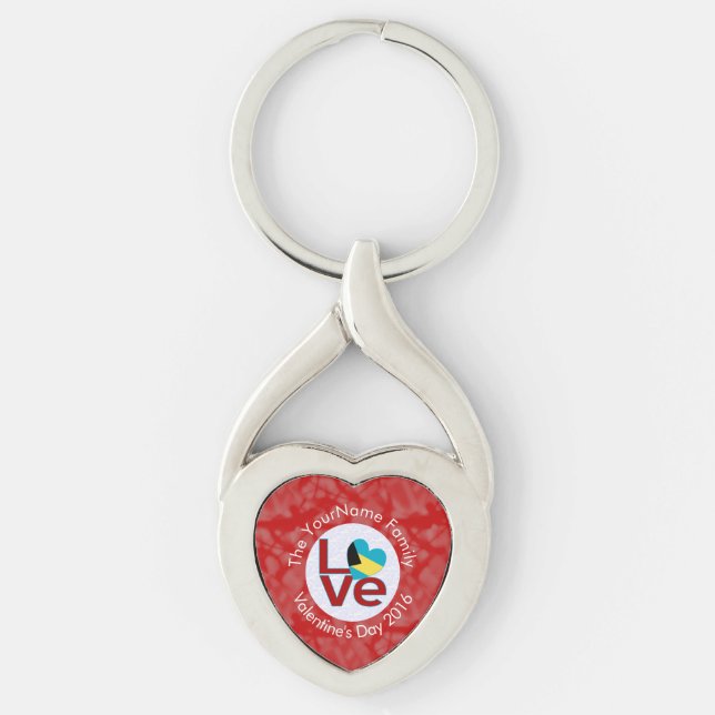 Bahamian Flag Heart LOVE Red Personalised Text  Key Ring (Front)
