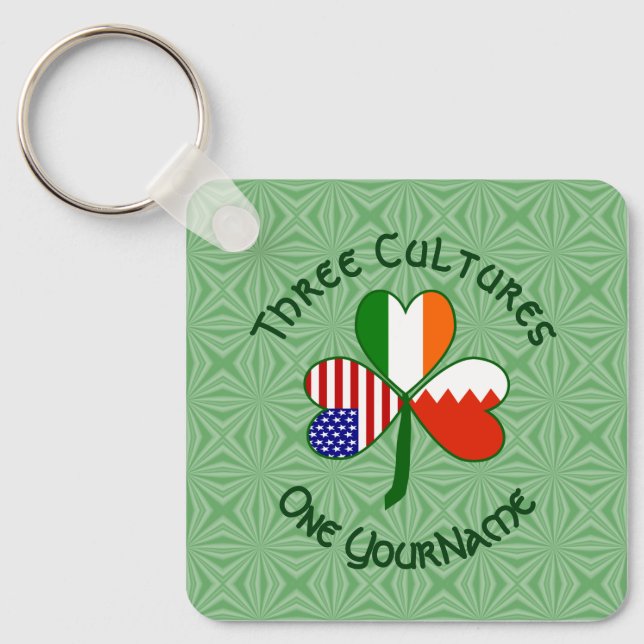 Bahraini Irish American Flags Shamrock Your Name Key Ring (Front)
