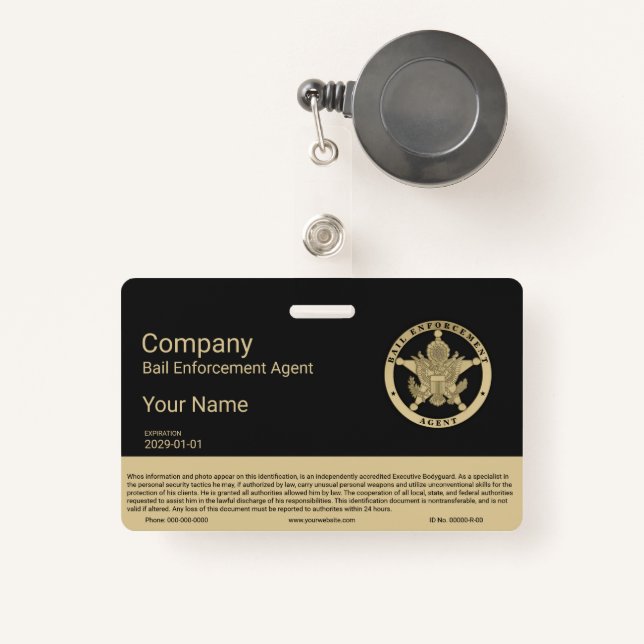 Bail Enforcement Agent Badge ID Badge (Front with Retractable)