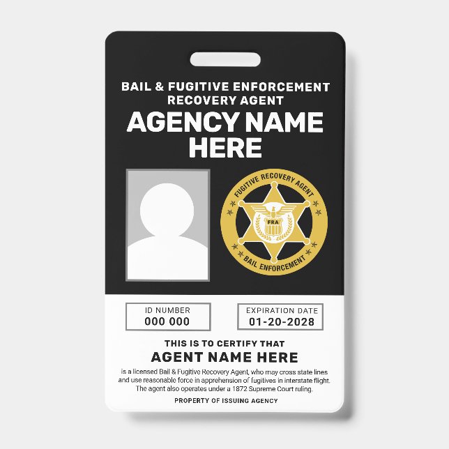 BAIL & FUGITIVE RECOVERY AGENT BADGE  ID BADGE (Front)