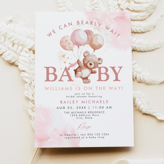 BAILEY Pink Bearly Wait Teddy Bear Baby Shower Invitation (Creator Uploaded)