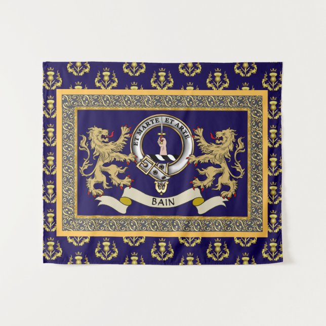 Bain Clan Badge Personalised Blue Tapestry (Front (Horizontal))