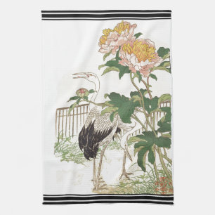 Bairei Japan Crane Bird Peony Flower Kitchen Towel