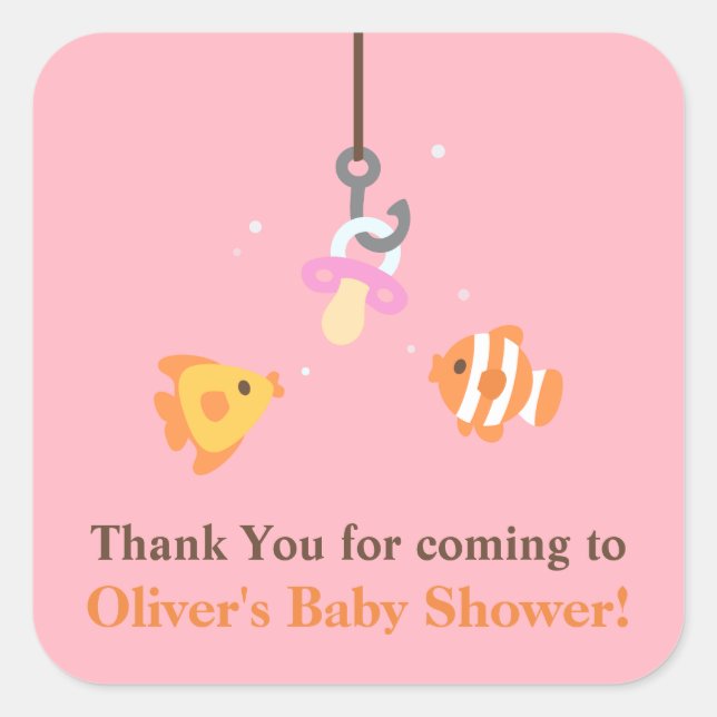 Bait Fishing Baby Shower Pink Thank You Stickers (Front)