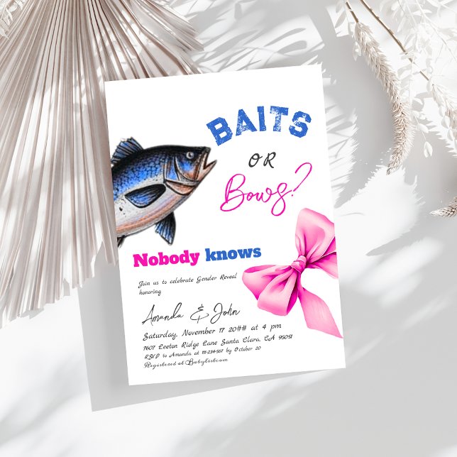 Baits or Bows Blue or Pink Fishing Gender Reveal Invitation (Creator Uploaded)
