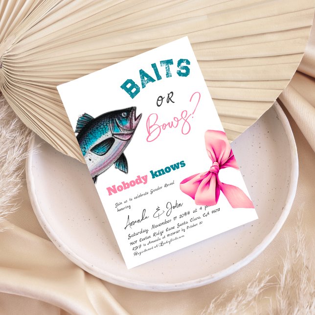 Baits or Bows Blue or Pink Fishing Gender Reveal Invitation (Creator Uploaded)