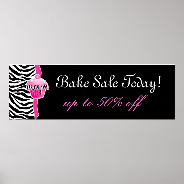 Bake Sale Poster Cute Zebra Cupcake Pink (Front)