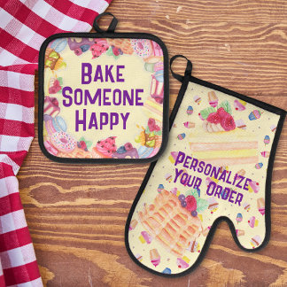 Bake Someone Happy Watercolor Desserts Oven Mitt & Pot Holder Set