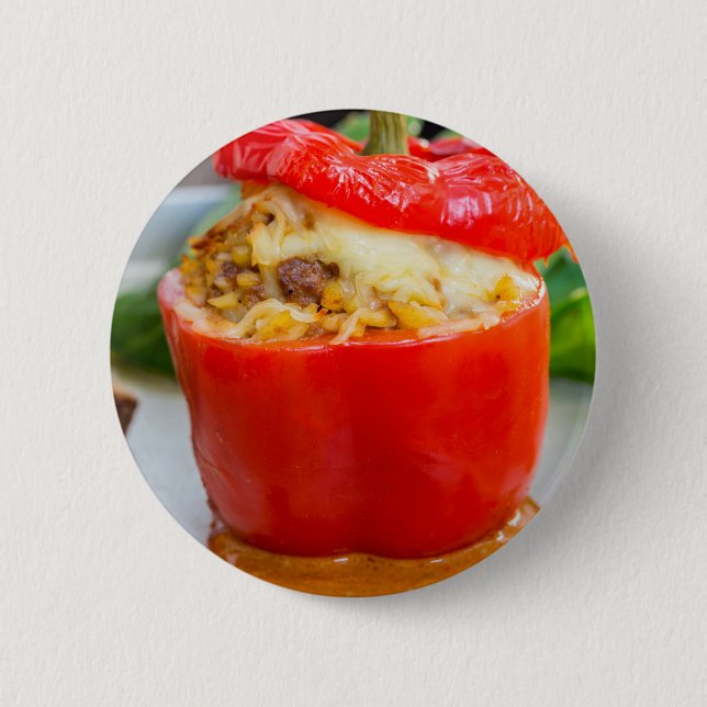 Baked stuffed peppers with meat sauce and cheese 6 cm round badge (Front)