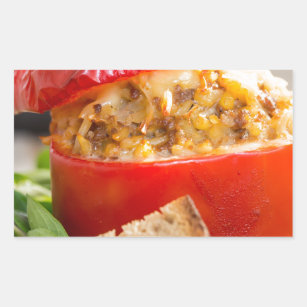 Baked stuffed peppers with meat sauce and cheese rectangular sticker