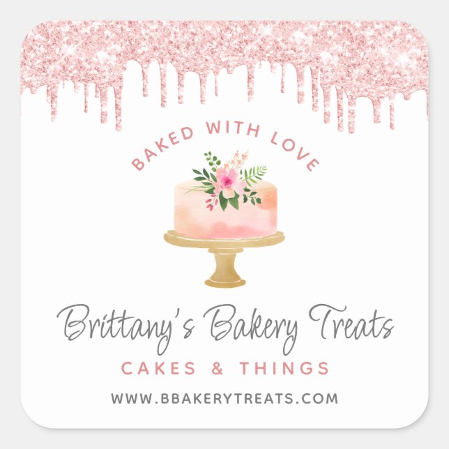Baked With Love Bakery Cake Blush Pink Glitter Square Sticker (Front)