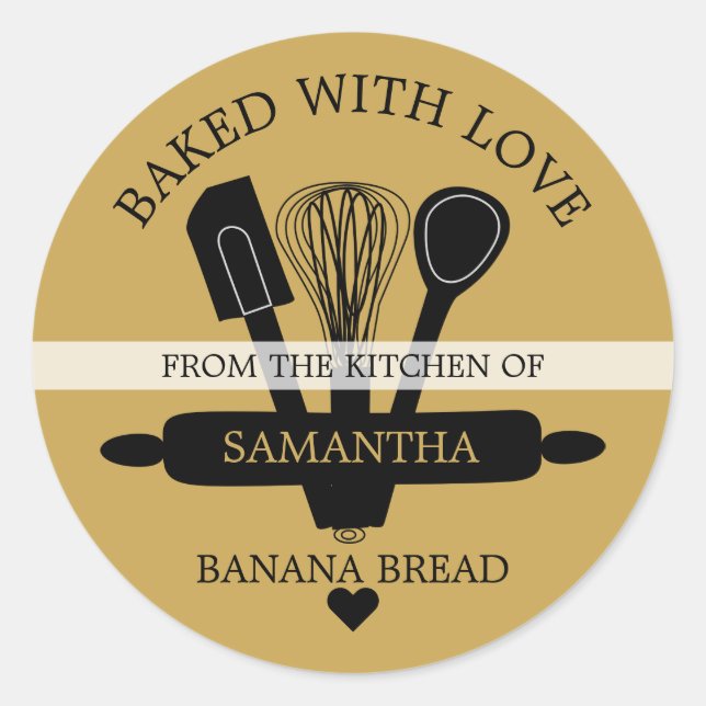 Baked With love Banana Bread Black And Gold  Classic Round Sticker (Front)