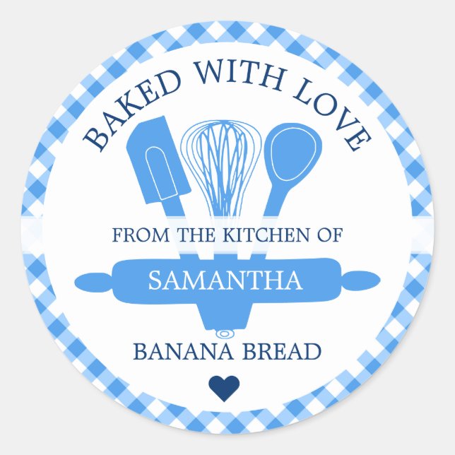 Baked With love Banana Bread Blue Gingham Kitchen Classic Round Sticker (Front)