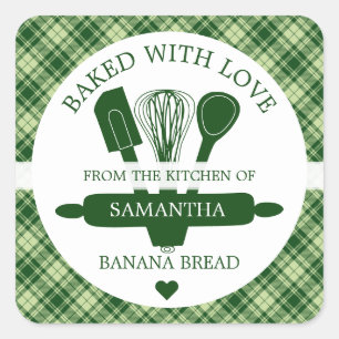 Baked With love Banana Bread Green Buffalo Plaid Square Sticker