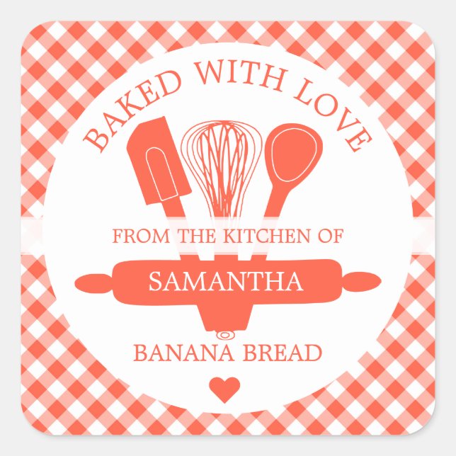 Baked With love Banana Bread Orange Gingham   Square Sticker (Front)