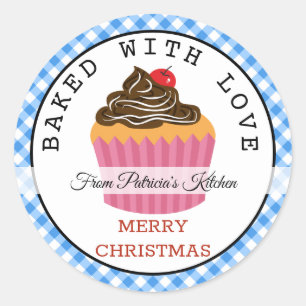 Baked With love Christmas Cupcakes Blue Gingham Classic Round Sticker