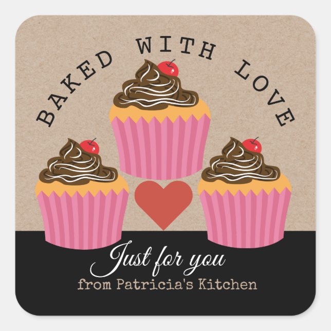 Baked With Love  Cupcakes Just For You Kraft Paper Square Sticker (Front)