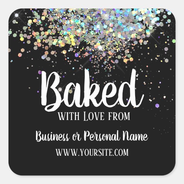 Baked with Love Custom Business Rainbow Glitter Square Sticker (Front)