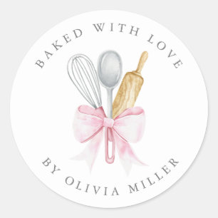 Baked With Love Elegant Pink Bow Personalised  Cla Classic Round Sticker
