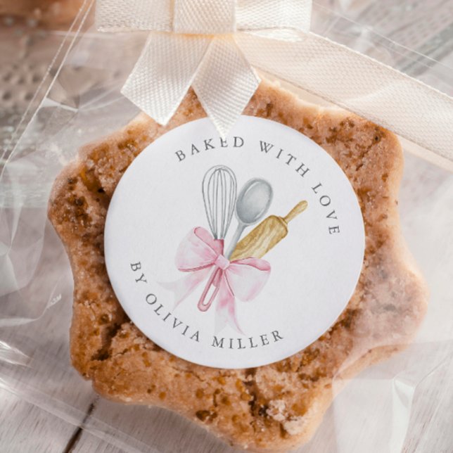 Baked With Love Elegant Pink Bow Personalised  Classic Round Sticker (Creator Uploaded)