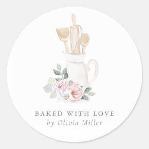 Baked With Love Elegant Pink Bow Personalised Classic Round Sticker