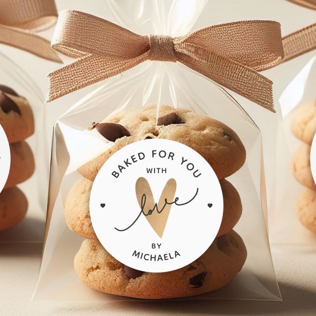 Baked With Love Faux Gold Heart Personalised Gift Classic Round Sticker (Creator Uploaded)