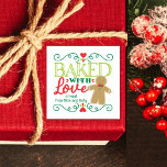Baked with Love Gingerbread Man Festive Christmas Square Sticker<br><div class="desc">This Christmas design features the text "baked with love" and a cute little gingerbread man in fun, festive red and green typography. Click the customise button for more flexibility in adding/modifying the text and/or graphics! Variations of this design as well as coordinating products are available in our shop, zazzle.com/store/doodlelulu. Contact...</div>