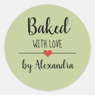 Baked with love green script name  classic round sticker