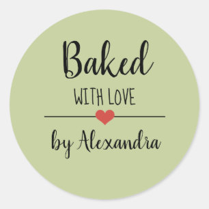 Baked with love green script name classic round sticker