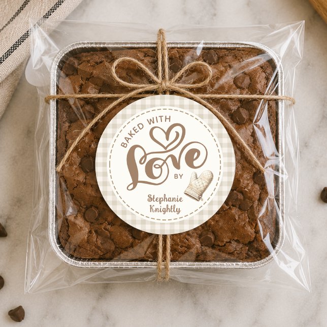 Baked With Love Neutral Gingham Personalised Classic Round Sticker (Creator Uploaded)