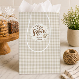 Baked With Love Neutral Gingham Plaid Personalised Medium Gift Bag