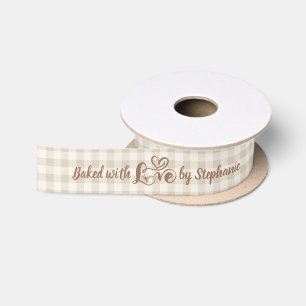 Baked With Love Neutral Gingham Plaid Personalised Satin Ribbon