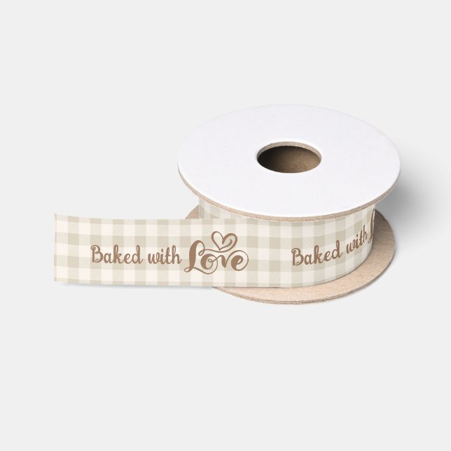 Baked With Love Neutral Gingham Script Heart Satin Ribbon (Spool)